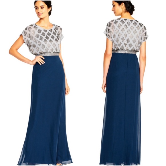 Adrianna Papell Dresses & Skirts - Adrianna Papell beaded bodice cap sleeves geo Long Dress
